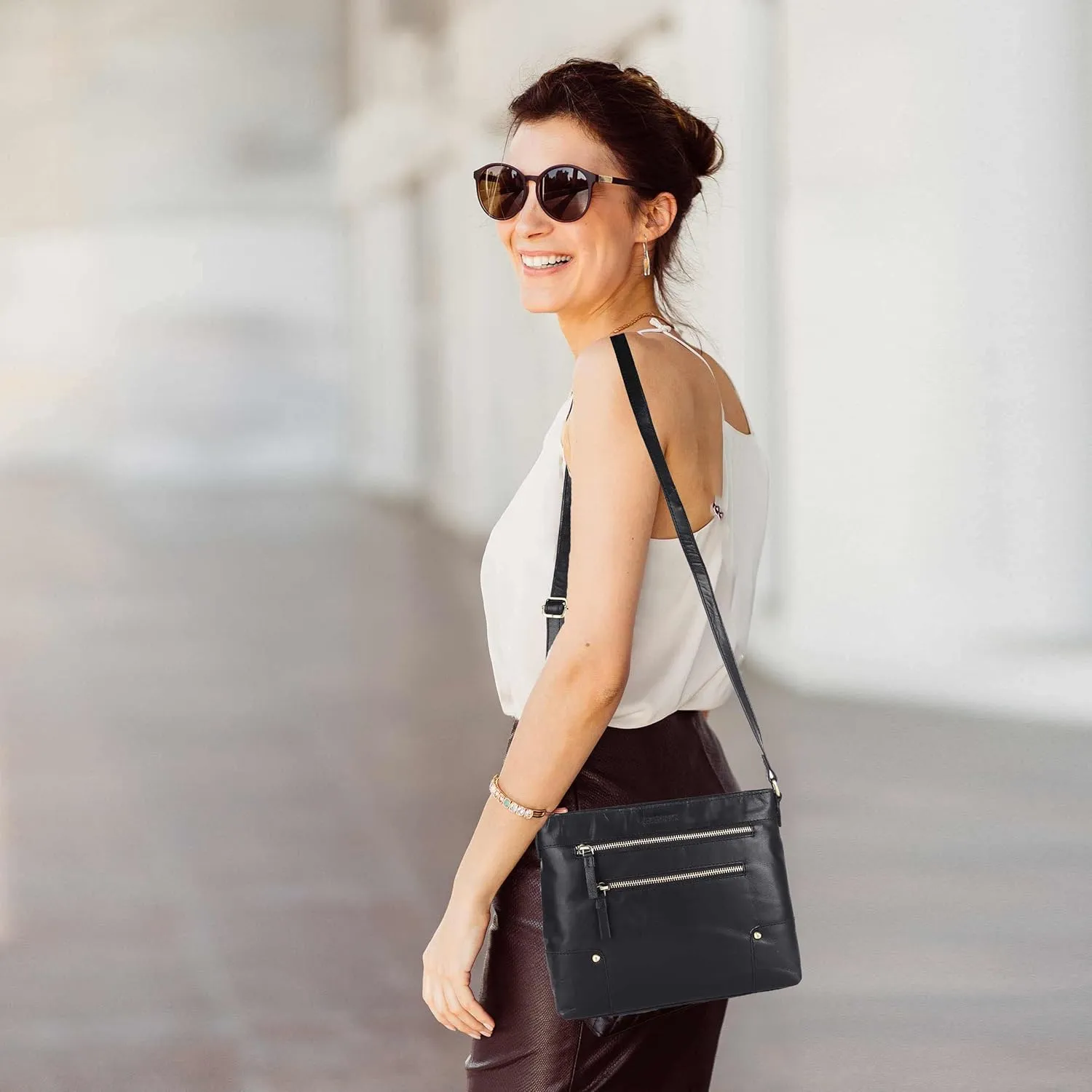 Mia Soft Real Leather Womens Crossbody Handbags and Purses-Triple Zip Premium Sling Crossover Shoulder Bag
