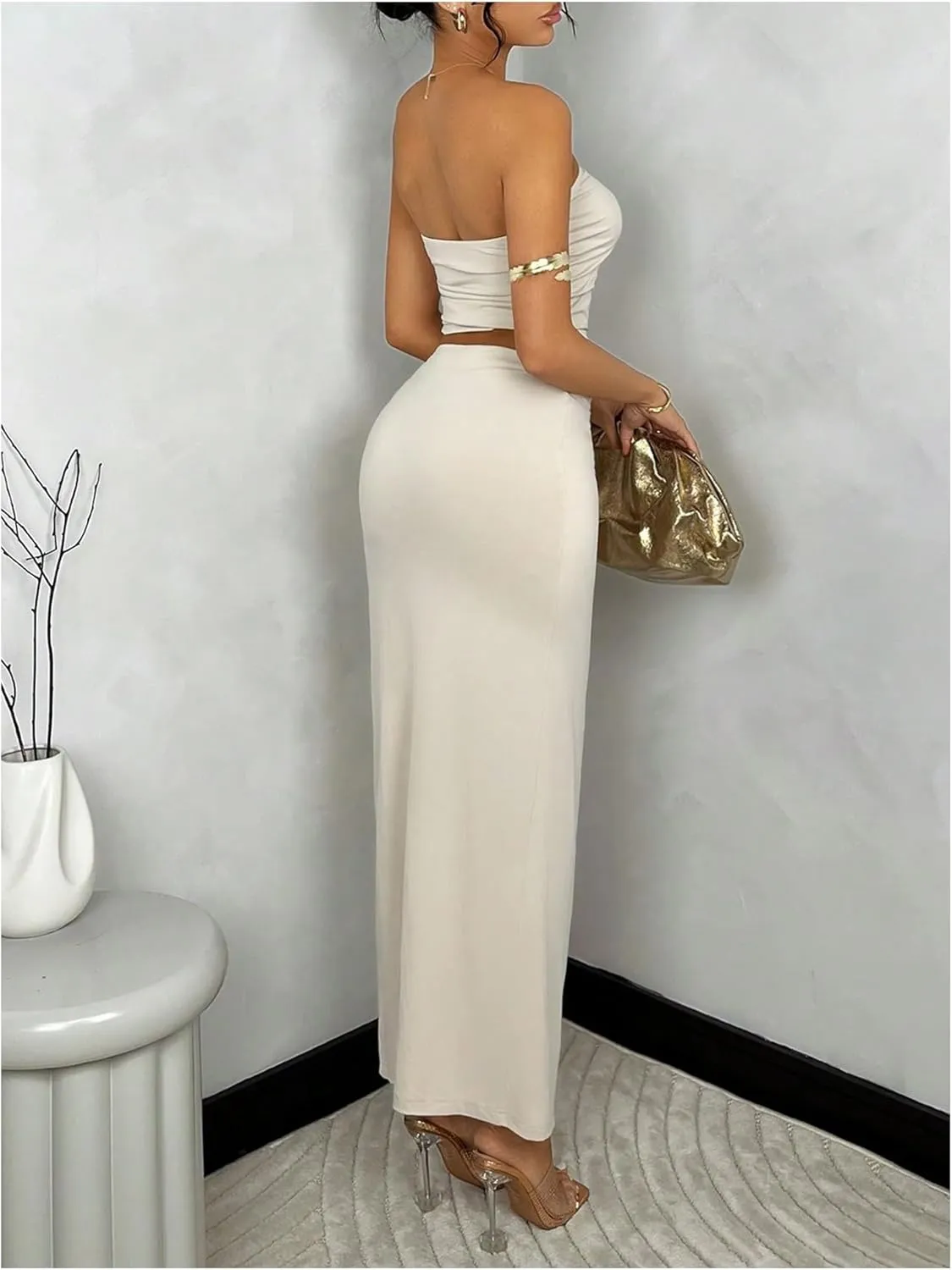 Milumia Women's 2 Piece Outfit Bandeau Crop Top and 3D Flower Slit Long Skirt Set