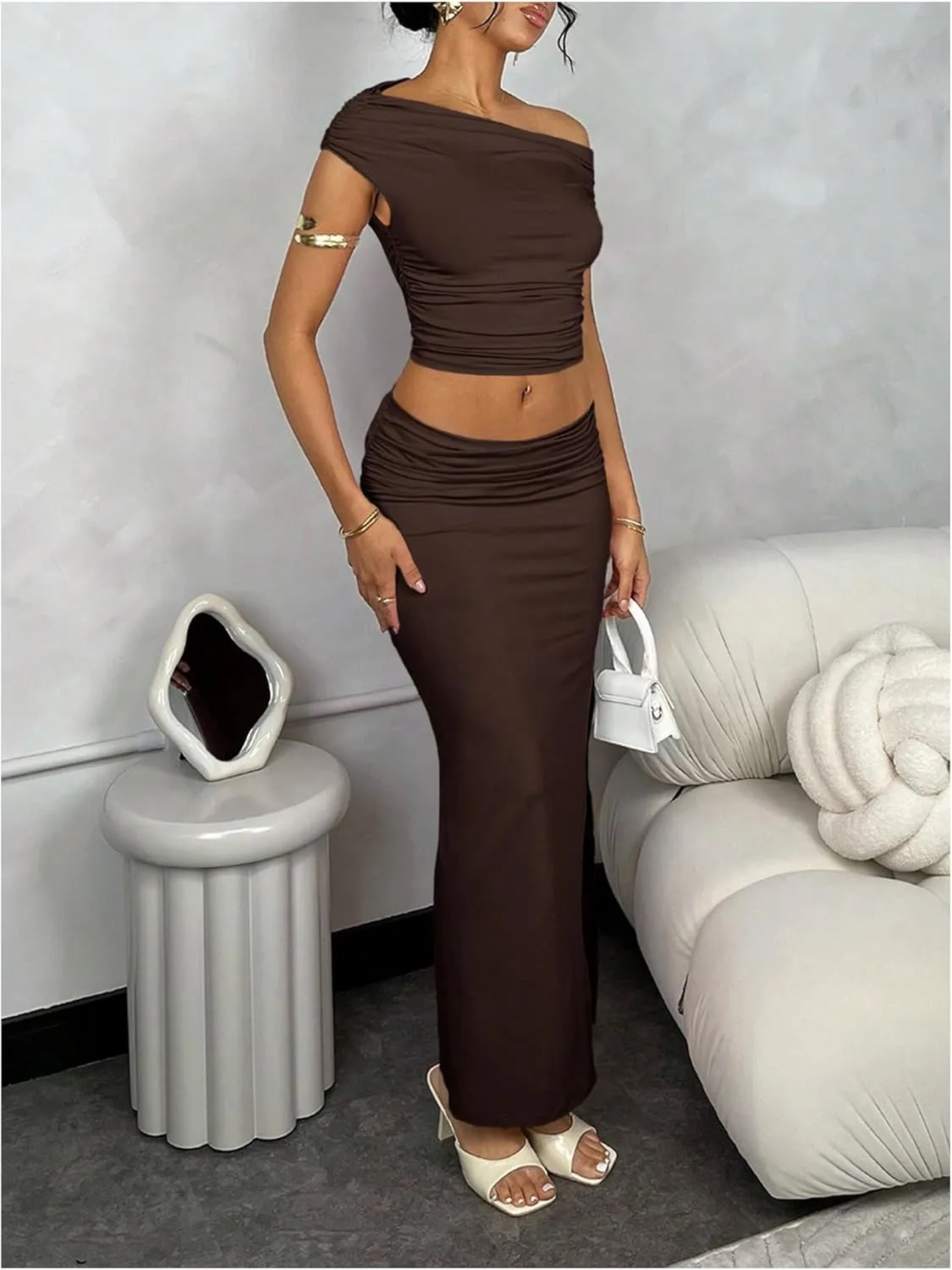 Milumia Women's 2 Piece Set Ruched Asymmetrical Neck Top and Long Bodycon Skirt Sets