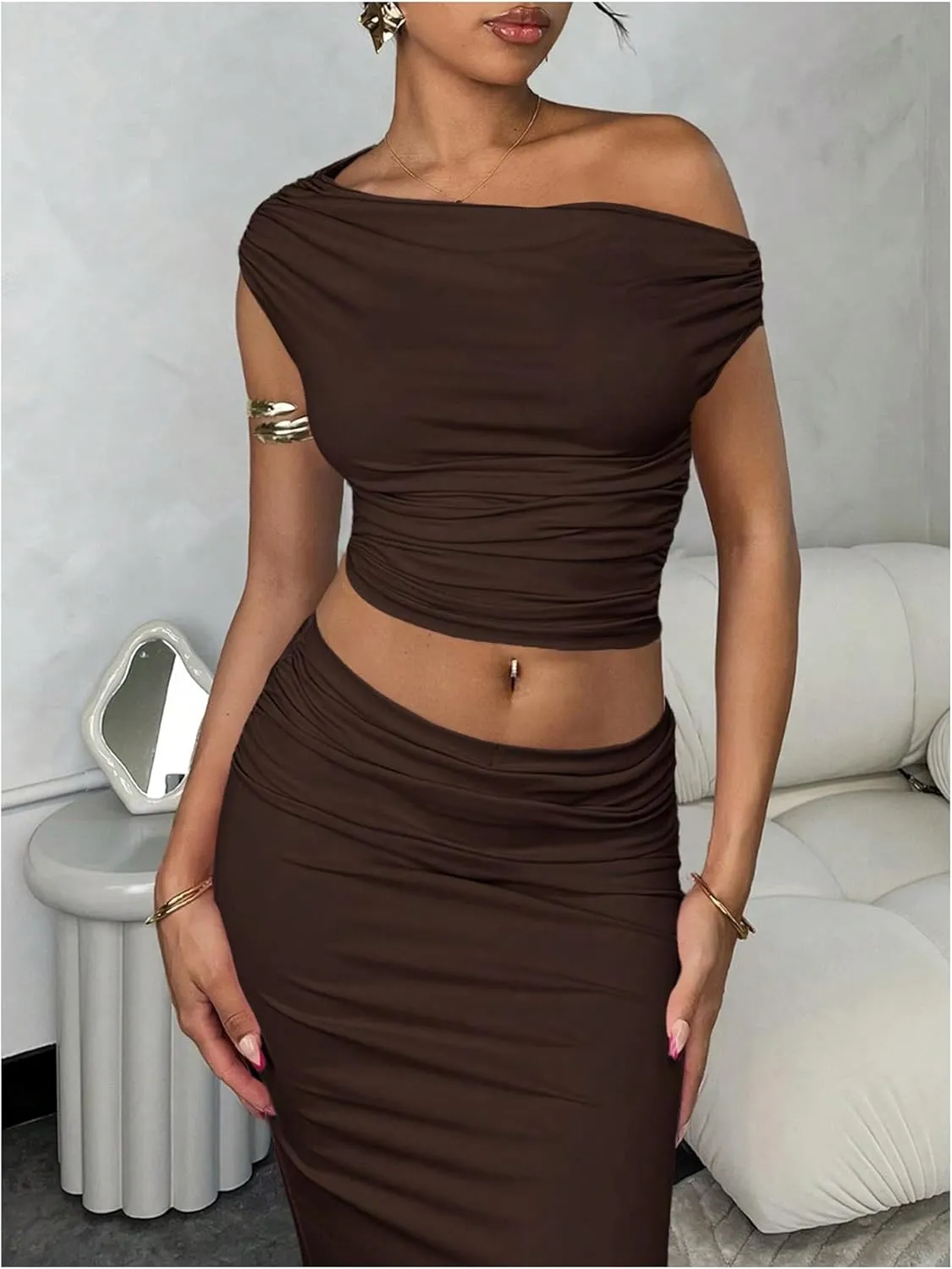 Milumia Women's 2 Piece Set Ruched Asymmetrical Neck Top and Long Bodycon Skirt Sets