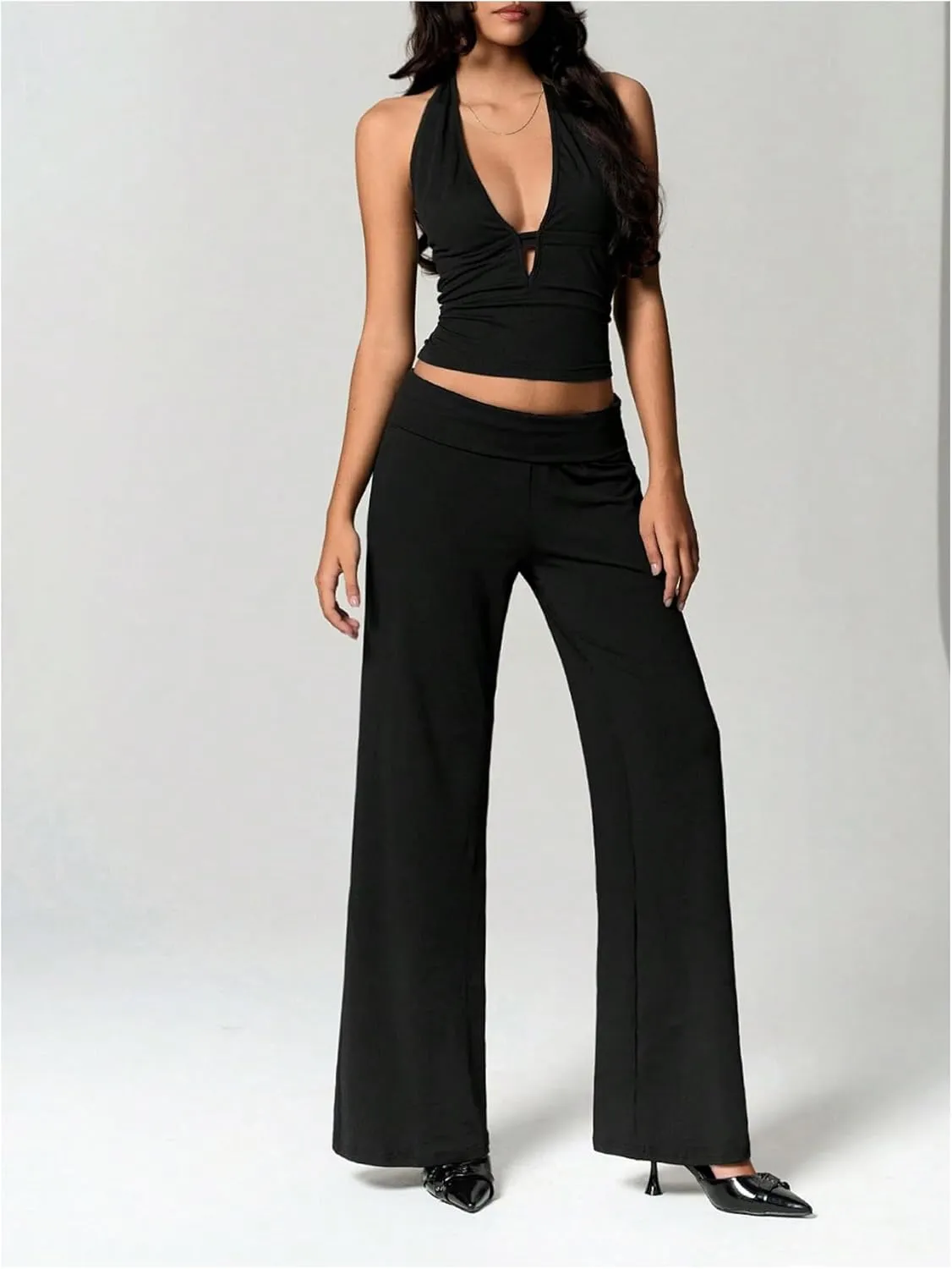 Milumia Women's Deep V Neck Halter Top Backless Cut Out Crop Cami Tops
