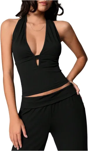 Milumia Women's Deep V Neck Halter Top Backless Cut Out Crop Cami Tops