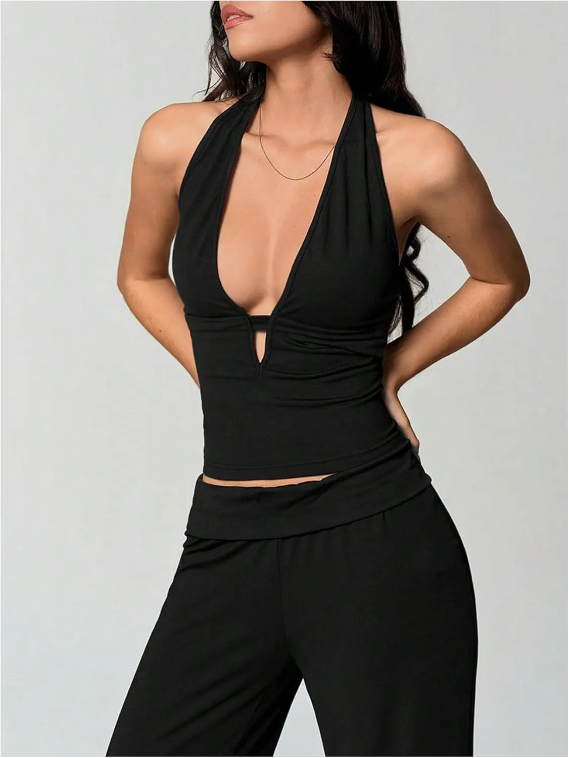 Milumia Women's Deep V Neck Halter Top Backless Cut Out Crop Cami Tops