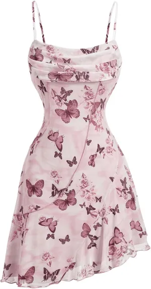 Milumia Women's Ruched Floral Spaghetti Straps Cami Dress Vintage Short Summer Dresses