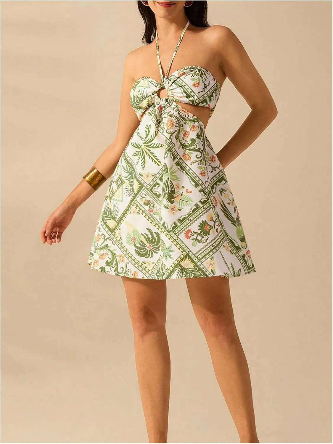 Milumia Women's Tropical Cut Out Halter Dress Tie Back Flare A Line Short Dresses