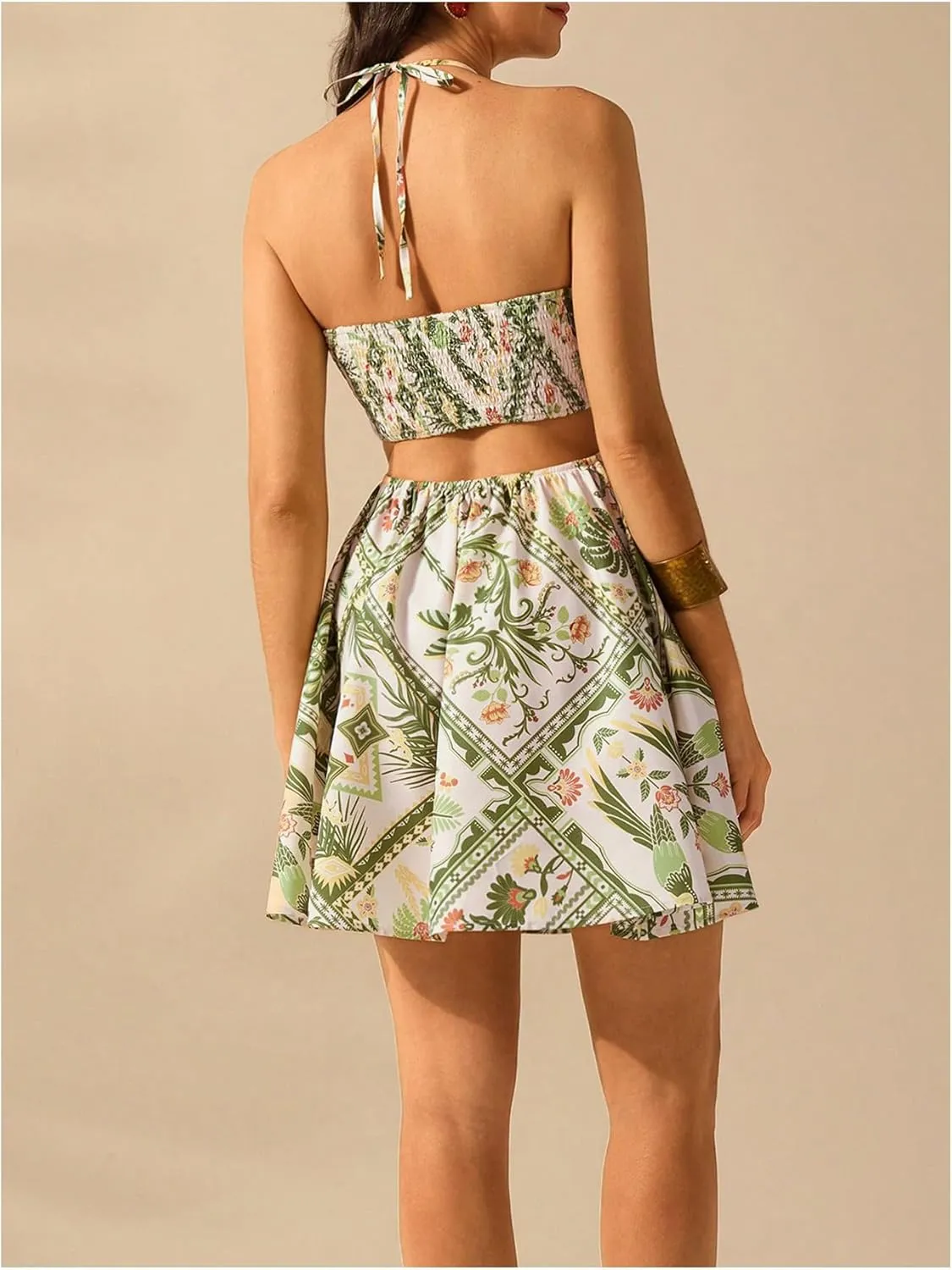 Milumia Women's Tropical Cut Out Halter Dress Tie Back Flare A Line Short Dresses