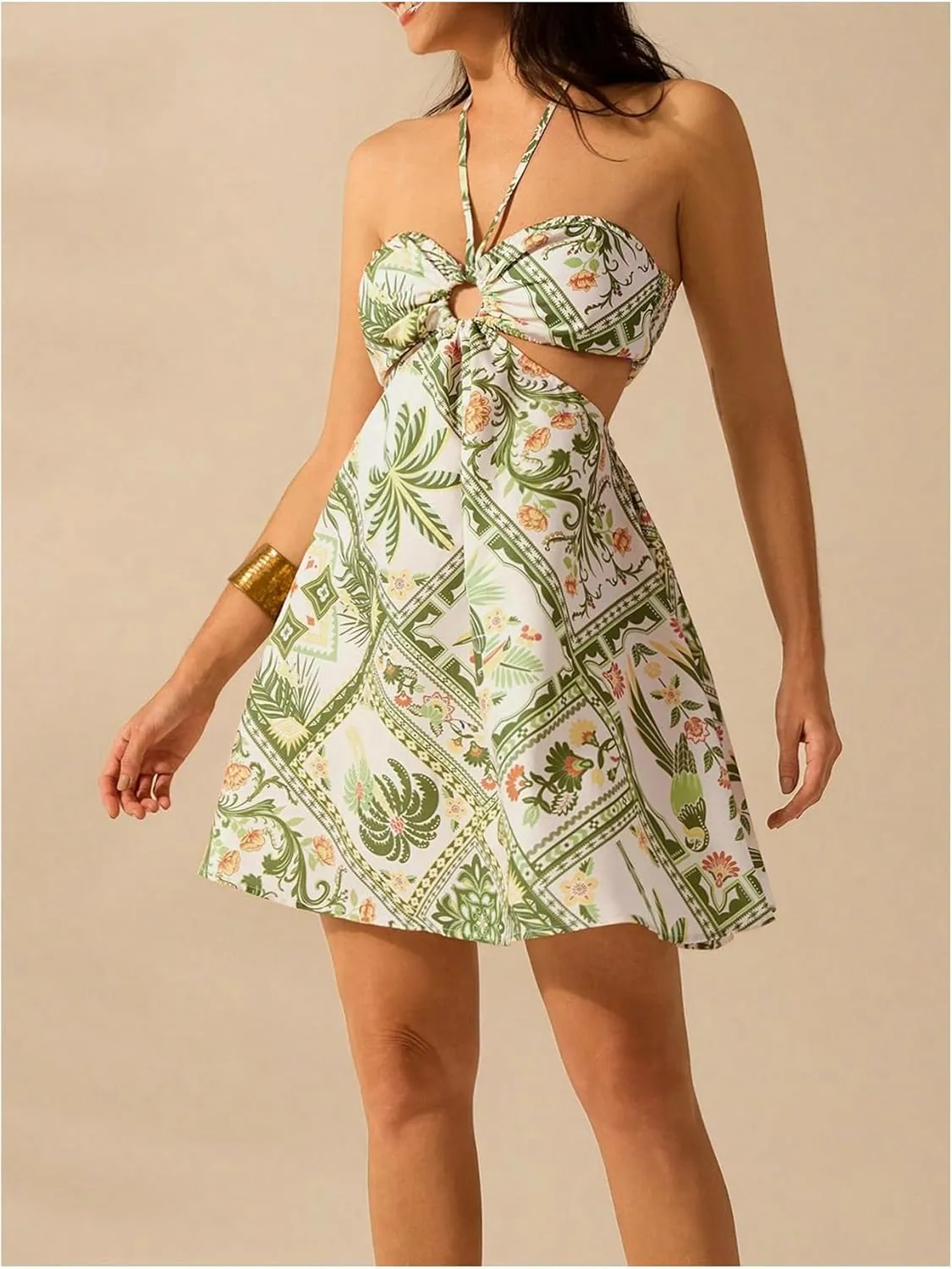 Milumia Women's Tropical Cut Out Halter Dress Tie Back Flare A Line Short Dresses