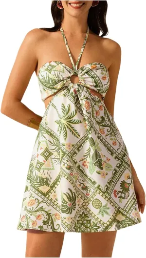 Milumia Women's Tropical Cut Out Halter Dress Tie Back Flare A Line Short Dresses