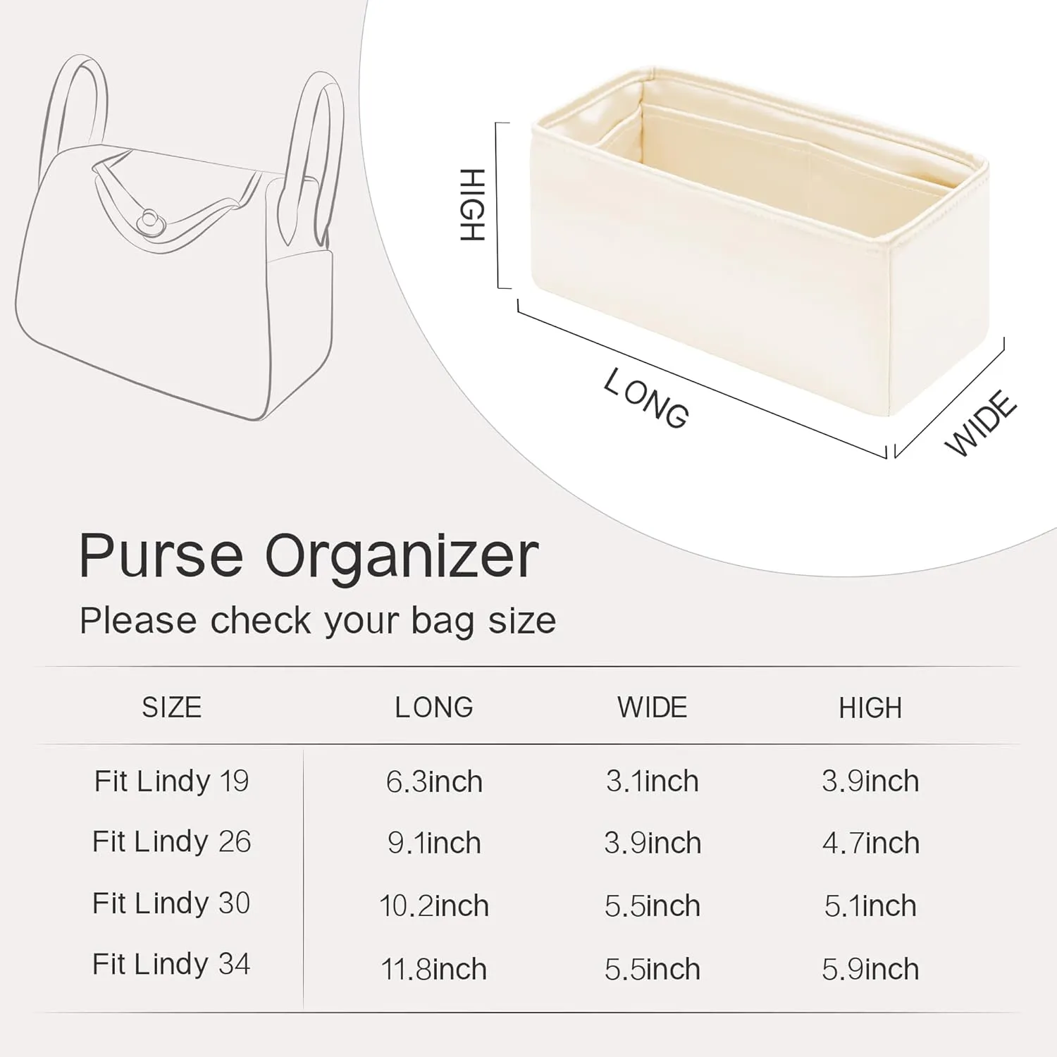 Mini Lindy Bag Insert, Lightweight Purse Organizer Insert Compatible with Hermes Lindy Bag, Silky Smooth and Show Luxury(Mini LD19, Craie)