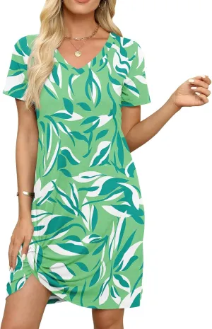 Miselon Tshirt Dresses for Women - Short Sleeve V Neck Knot T Shirt Dress Casual Summer Beach Sundresses