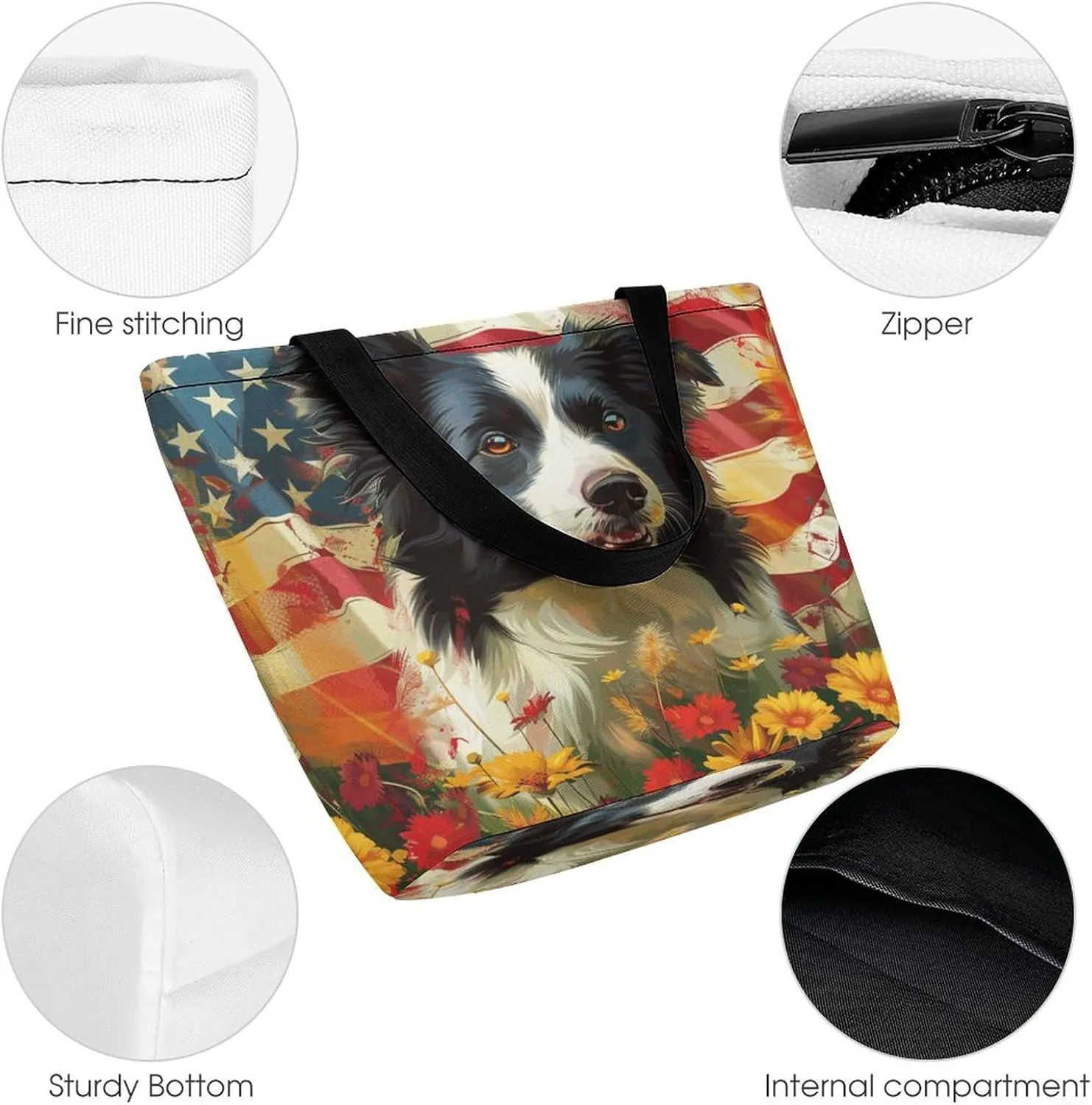 MoBlinko 4th of July Pug Dog Women Tote Bags Reusable Yoga Shoulder Bag Handbag with Zipper for Dog Lover Gift