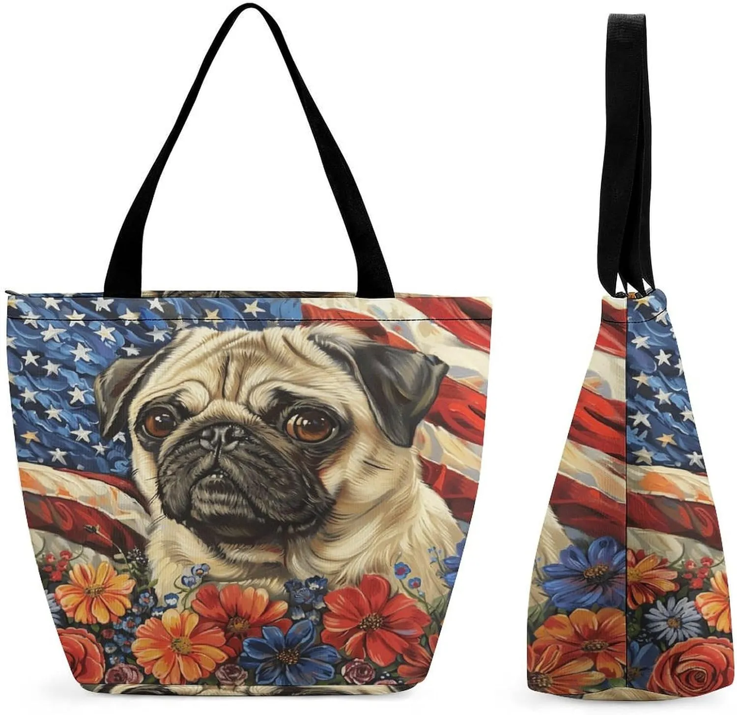 MoBlinko 4th of July Pug Dog Women Tote Bags Reusable Yoga Shoulder Bag Handbag with Zipper for Dog Lover Gift