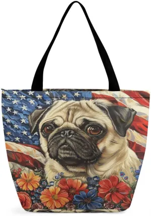 MoBlinko 4th of July Pug Dog Women Tote Bags Reusable Yoga Shoulder Bag Handbag with Zipper for Dog Lover Gift