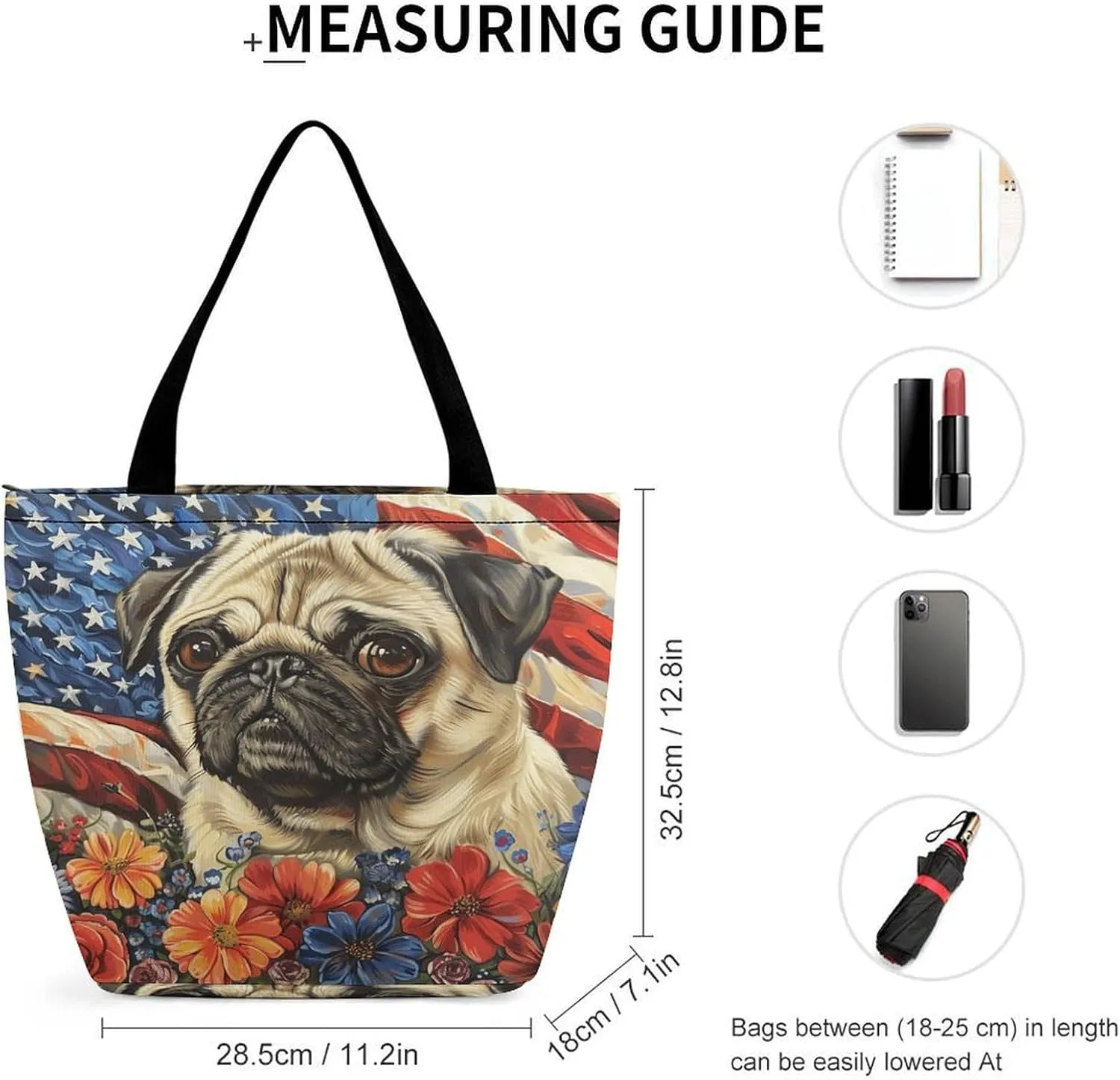 MoBlinko 4th of July Pug Dog Women Tote Bags Reusable Yoga Shoulder Bag Handbag with Zipper for Dog Lover Gift