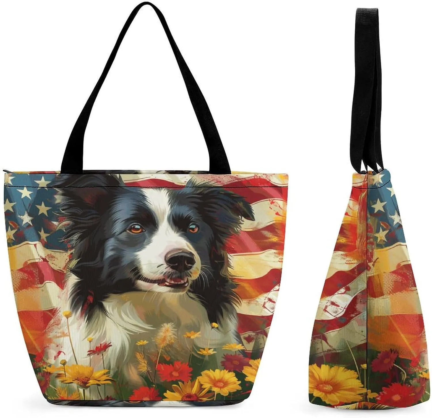 MoBlinko 4th of July Pug Dog Women Tote Bags Reusable Yoga Shoulder Bag Handbag with Zipper for Dog Lover Gift