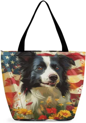 MoBlinko 4th of July Pug Dog Women Tote Bags Reusable Yoga Shoulder Bag Handbag with Zipper for Dog Lover Gift