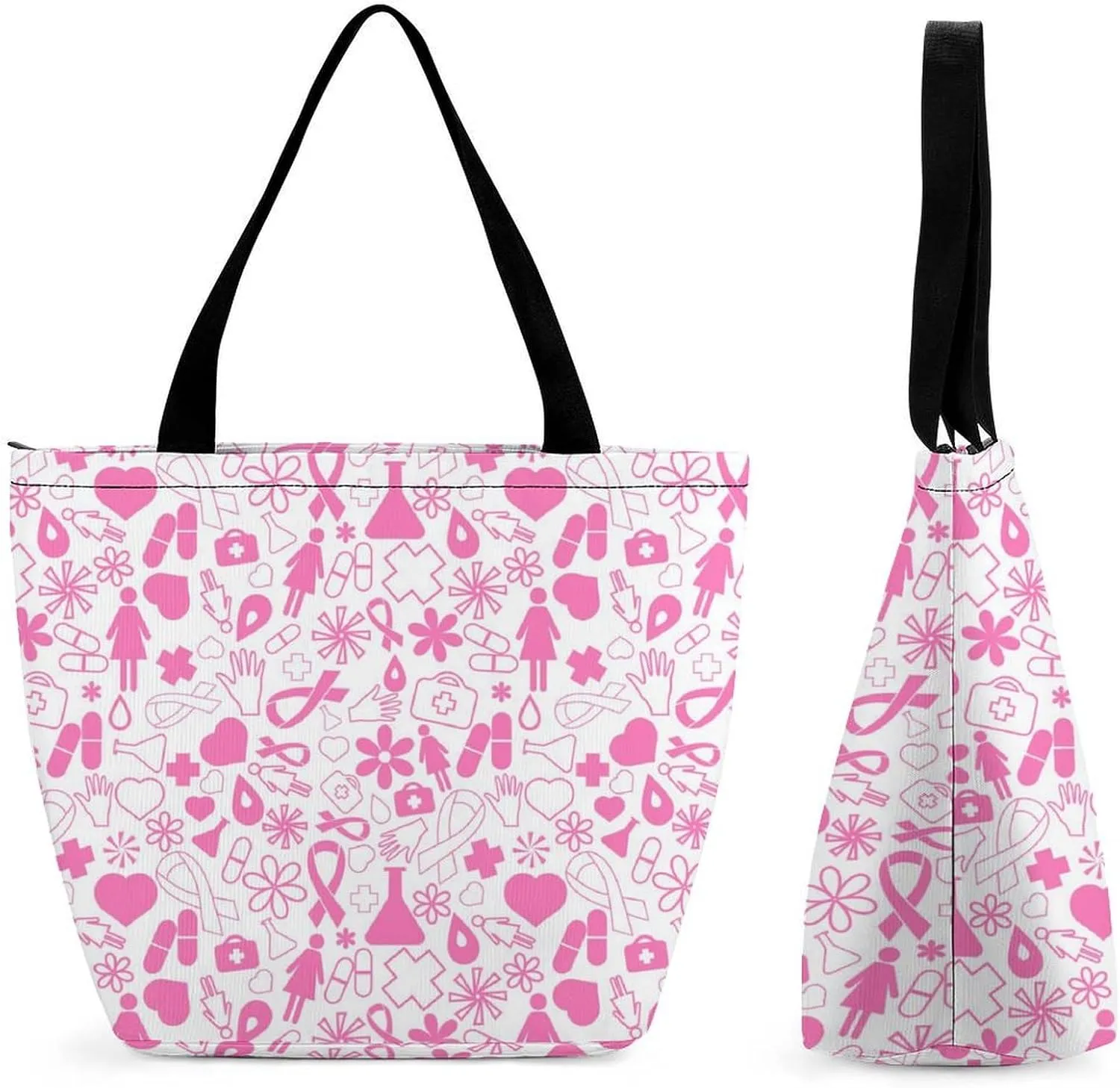 MoBlinko Breast Cancer Tote Bag for Women Reusable Handbags Shoulder Bags with Zipper for Yoga Grocery Shopping Gifts