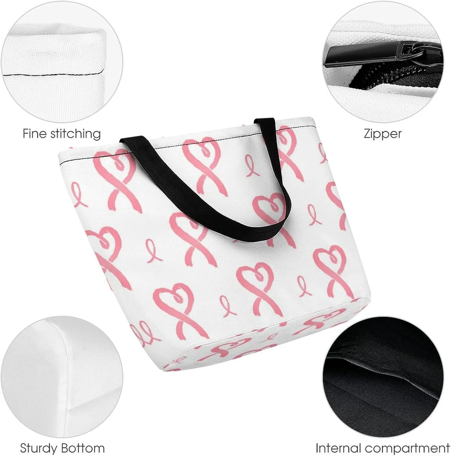 MoBlinko Breast Cancer Tote Bag for Women Reusable Handbags Shoulder Bags with Zipper for Yoga Grocery Shopping Gifts