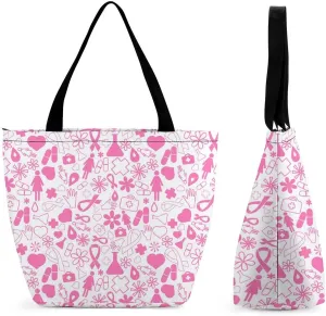 MoBlinko Breast Cancer Tote Bag for Women Reusable Handbags Shoulder Bags with Zipper for Yoga Grocery Shopping Gifts