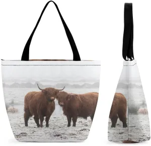 MoBlinko Brown Scottish Highlands Tote Bag for Women Reusable Handbags Shoulder Bags with Zipper for Yoga Grocery Gifts