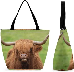 MoBlinko Brown Scottish Highlands Tote Bag for Women Reusable Handbags Shoulder Bags with Zipper for Yoga Grocery Gifts
