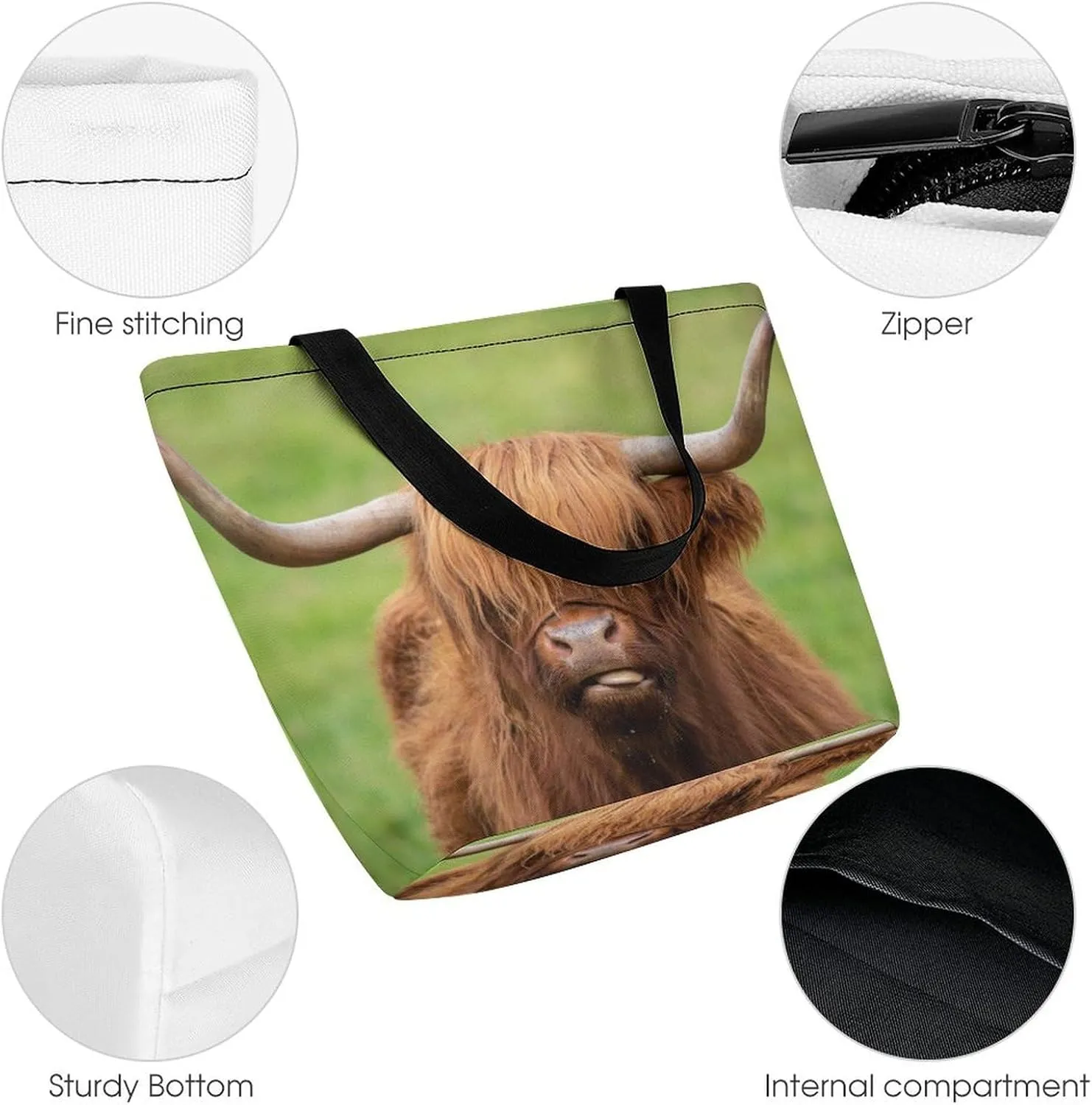 MoBlinko Brown Scottish Highlands Tote Bag for Women Reusable Handbags Shoulder Bags with Zipper for Yoga Grocery Gifts