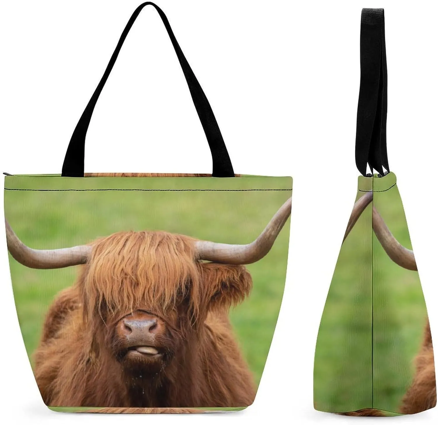 MoBlinko Brown Scottish Highlands Tote Bag for Women Reusable Handbags Shoulder Bags with Zipper for Yoga Grocery Gifts