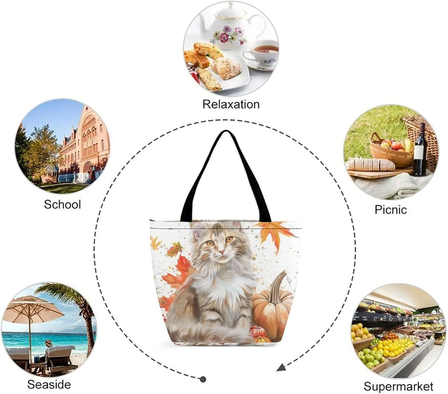 MoBlinko Cat Fall Women Tote Bags Yoga Reusable Grocery Bagsshoulder Bag Handbag with Zipper