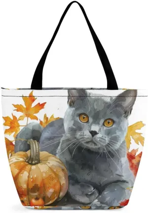 MoBlinko Cat Fall Women Tote Bags Yoga Reusable Grocery Bagsshoulder Bag Handbag with Zipper