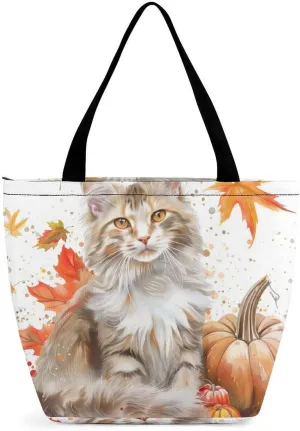 MoBlinko Cat Fall Women Tote Bags Yoga Reusable Grocery Bagsshoulder Bag Handbag with Zipper