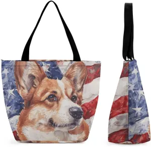 MoBlinko Corgi Dog American Patriotic Tote Bag for Women Reusable Handbags Shoulder Bags with Zipper for Yoga Grocery Gifts