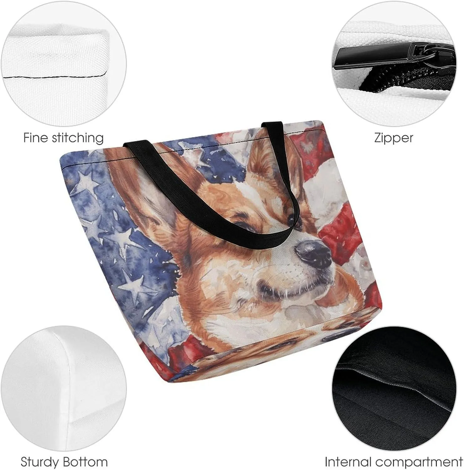 MoBlinko Corgi Dog American Patriotic Tote Bag for Women Reusable Handbags Shoulder Bags with Zipper for Yoga Grocery Gifts