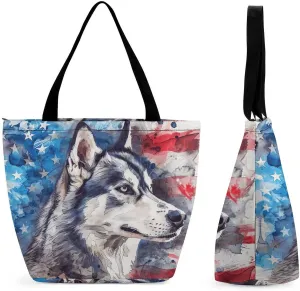 MoBlinko Corgi Dog American Patriotic Tote Bag for Women Reusable Handbags Shoulder Bags with Zipper for Yoga Grocery Gifts