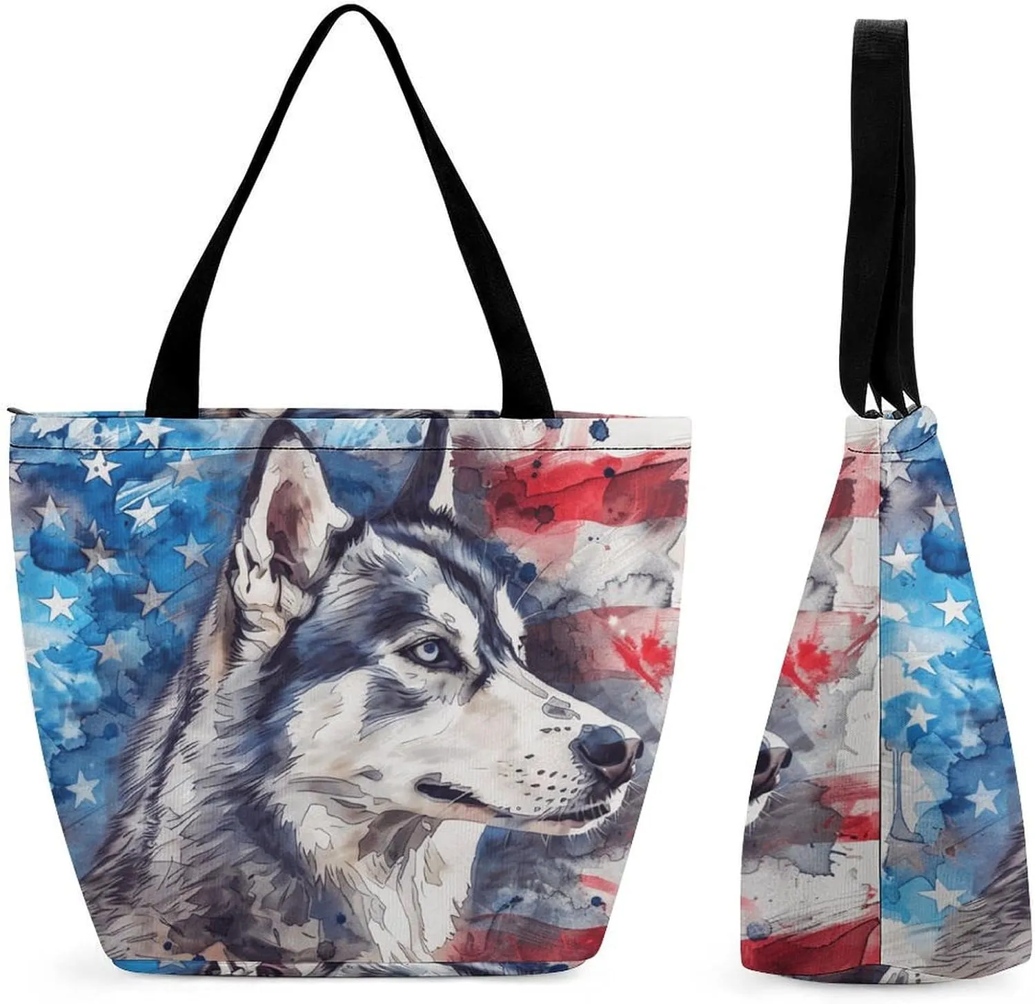 MoBlinko Corgi Dog American Patriotic Tote Bag for Women Reusable Handbags Shoulder Bags with Zipper for Yoga Grocery Gifts