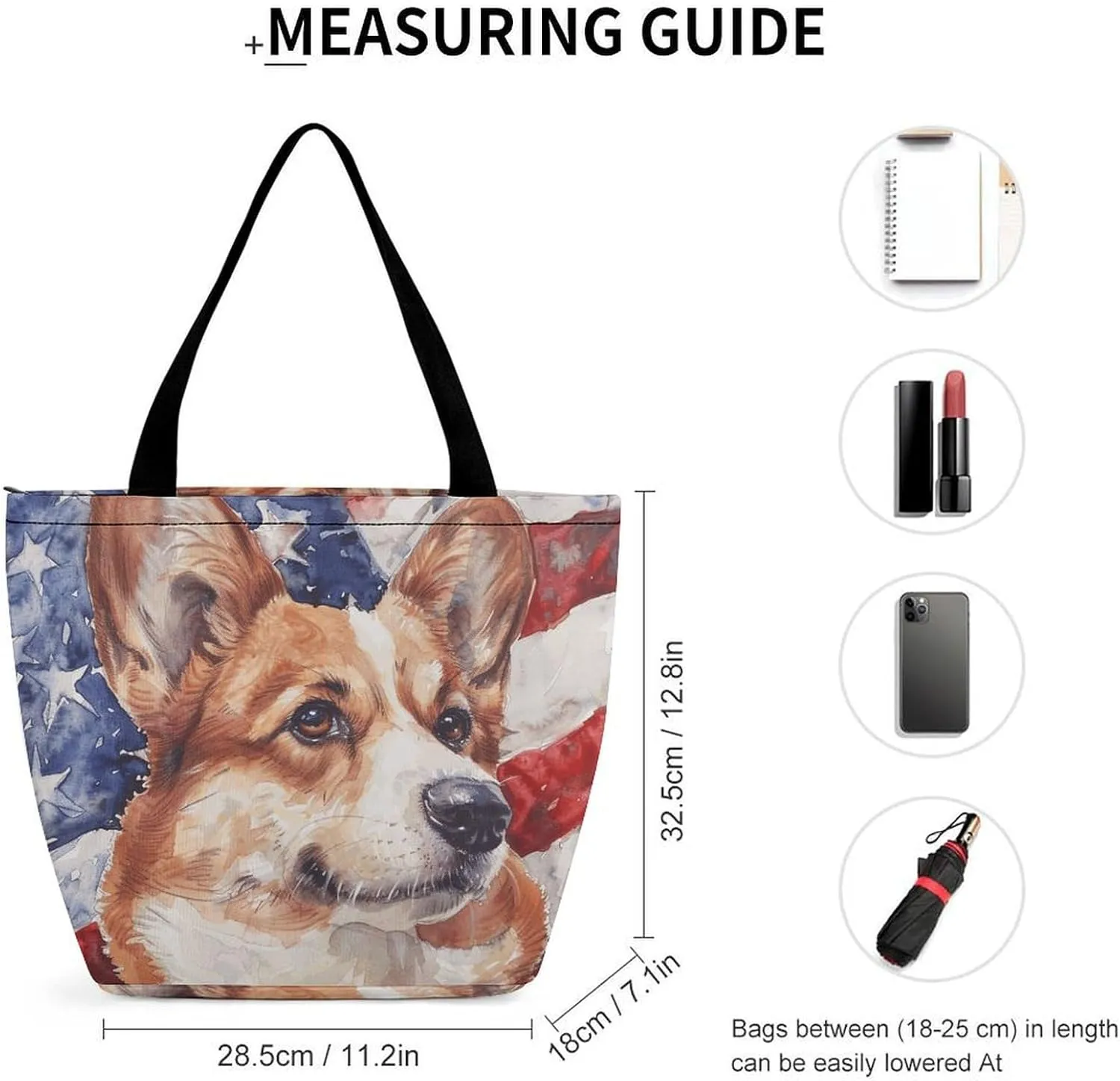 MoBlinko Corgi Dog American Patriotic Tote Bag for Women Reusable Handbags Shoulder Bags with Zipper for Yoga Grocery Gifts