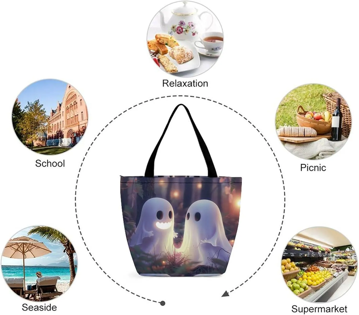MoBlinko Cute Halloween Ghosts Tote Bag for Women Reusable Shopping Bag Handbags Shoulder Bags with Zipper