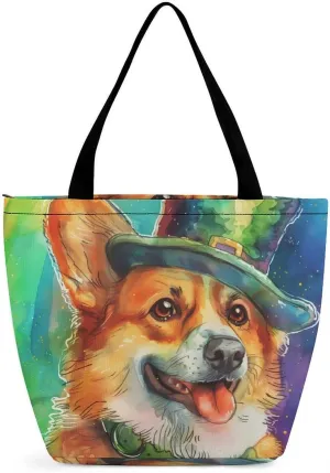 MoBlinko Dog St. Patrick's Day Tote Bag for Women Reusable Shopping Bag Handbags Shoulder Bags with Zipper