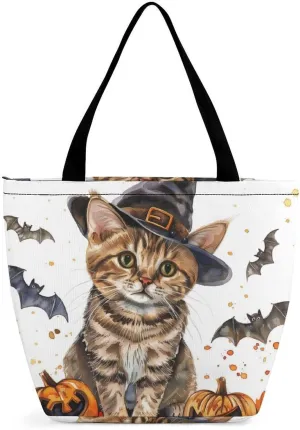 MoBlinko Halloween Cat Tote Bag for Women Reusable Shopping Bag Handbags Shoulder Bags with Zipper