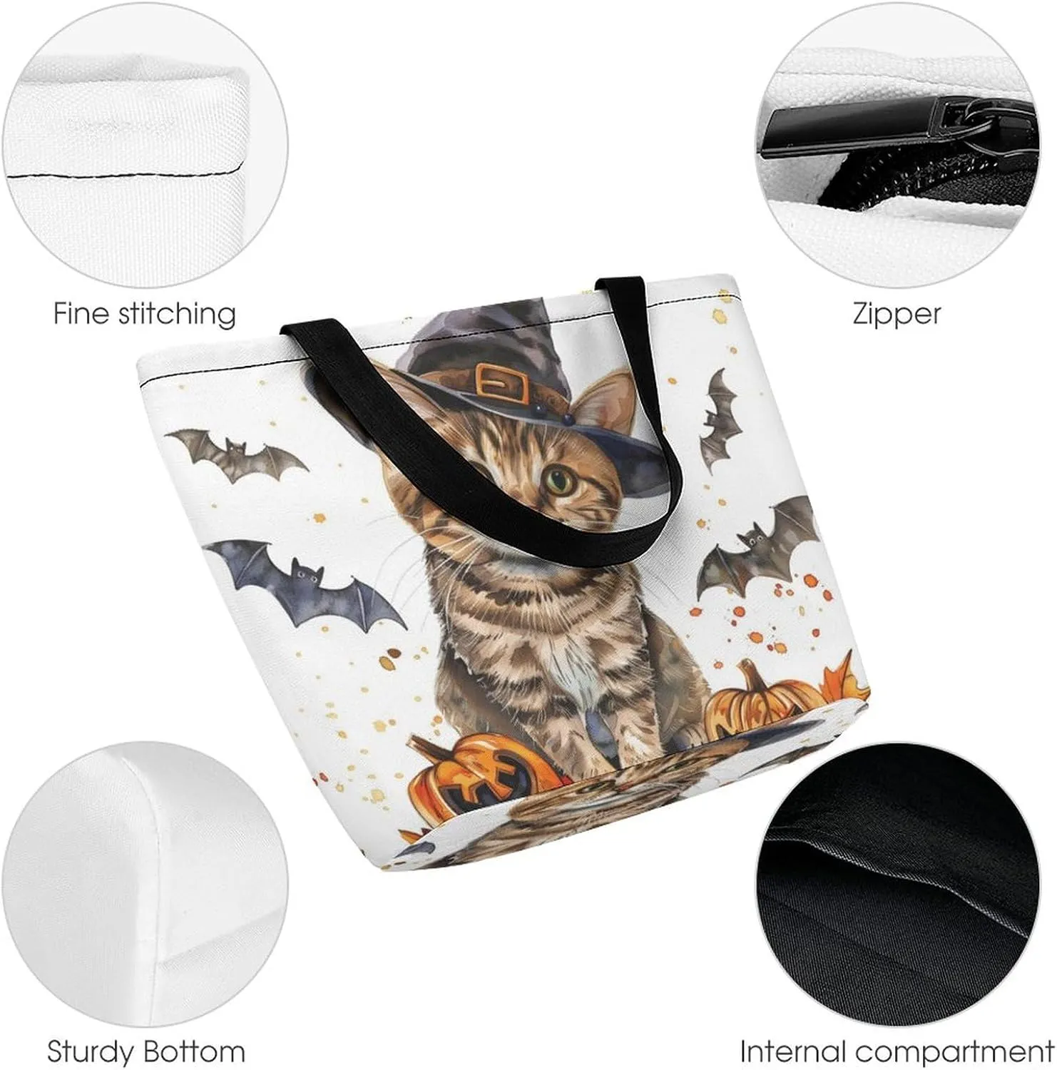 MoBlinko Halloween Cat Tote Bag for Women Reusable Shopping Bag Handbags Shoulder Bags with Zipper