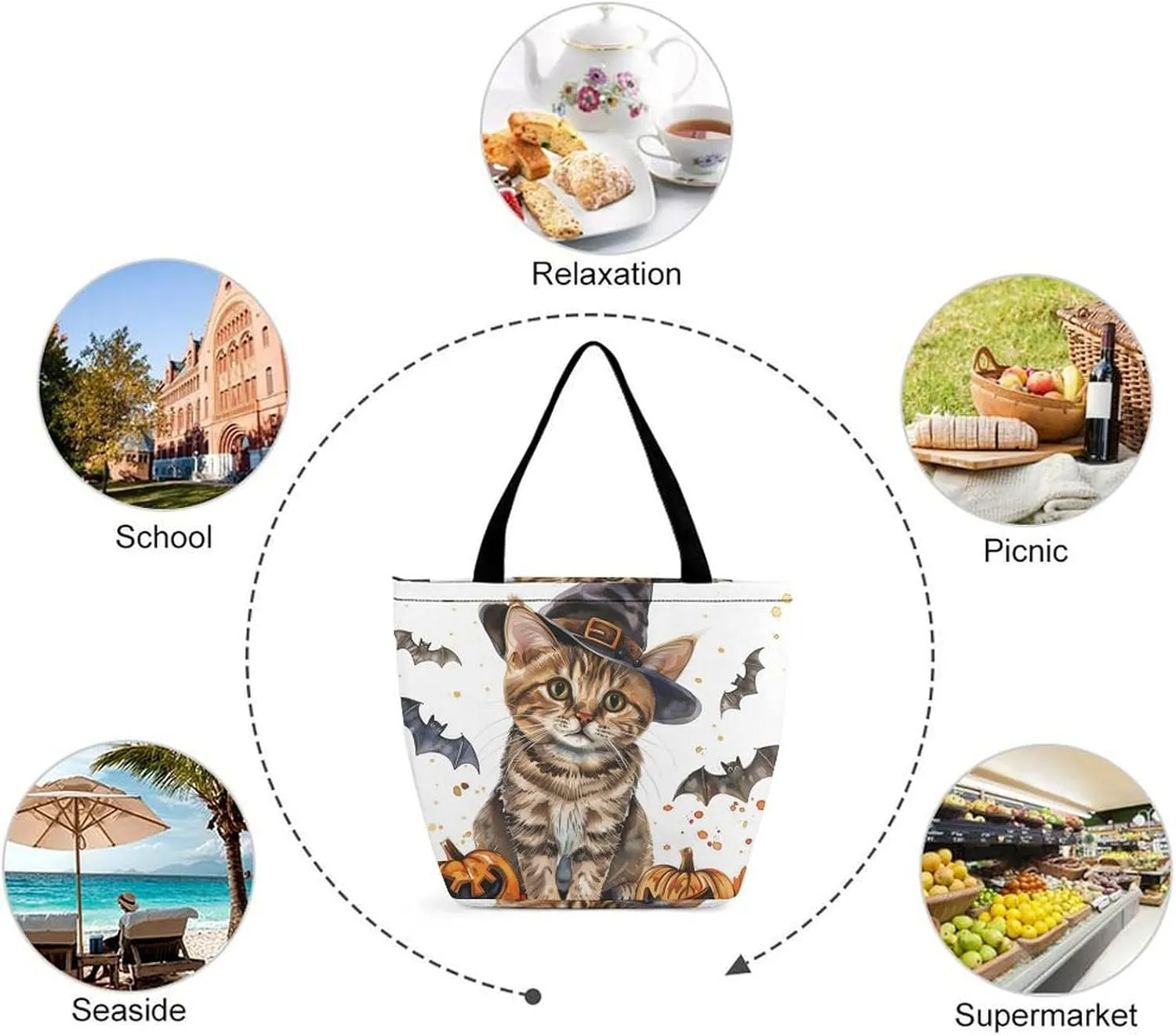 MoBlinko Halloween Cat Tote Bag for Women Reusable Shopping Bag Handbags Shoulder Bags with Zipper