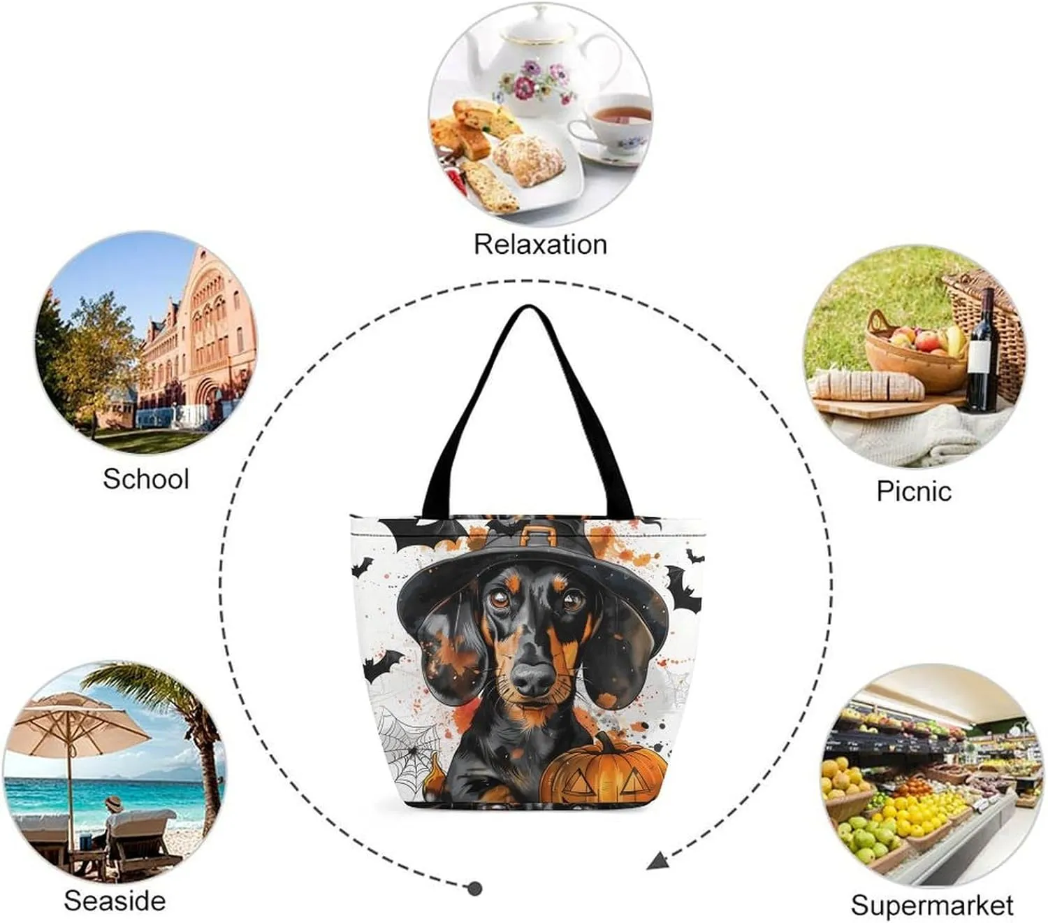 MoBlinko Halloween Dog Women Tote Bags Yoga Reusable Grocery Bagsshoulder Bag Handbag with Zipper