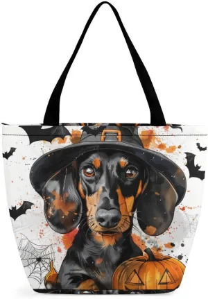 MoBlinko Halloween Dog Women Tote Bags Yoga Reusable Grocery Bagsshoulder Bag Handbag with Zipper