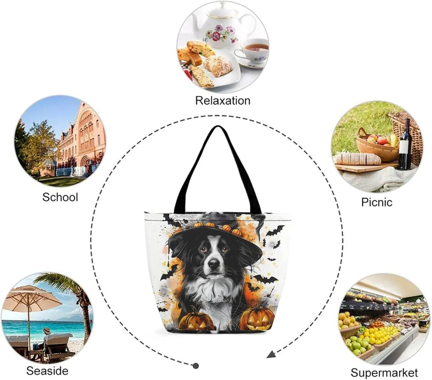 MoBlinko Halloween Dog Women Tote Bags Yoga Reusable Grocery Bagsshoulder Bag Handbag with Zipper