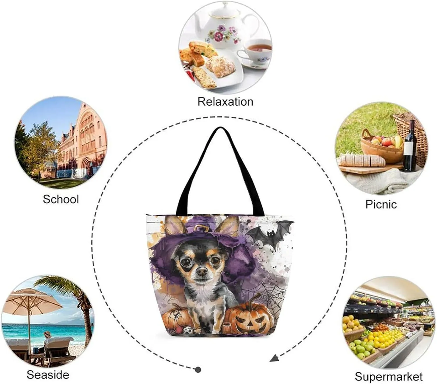 MoBlinko Halloween Dog Women Tote Bags Yoga Reusable Grocery Bagsshoulder Bag Handbag with Zipper
