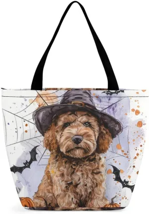 MoBlinko Halloween Dog Women Tote Bags Yoga Reusable Grocery Bagsshoulder Bag Handbag with Zipper