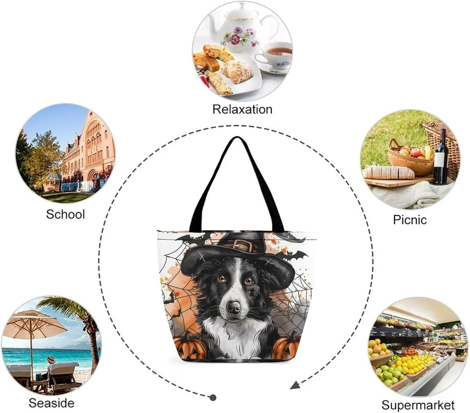 MoBlinko Halloween Dog Women Tote Bags Yoga Reusable Grocery Bagsshoulder Bag Handbag with Zipper