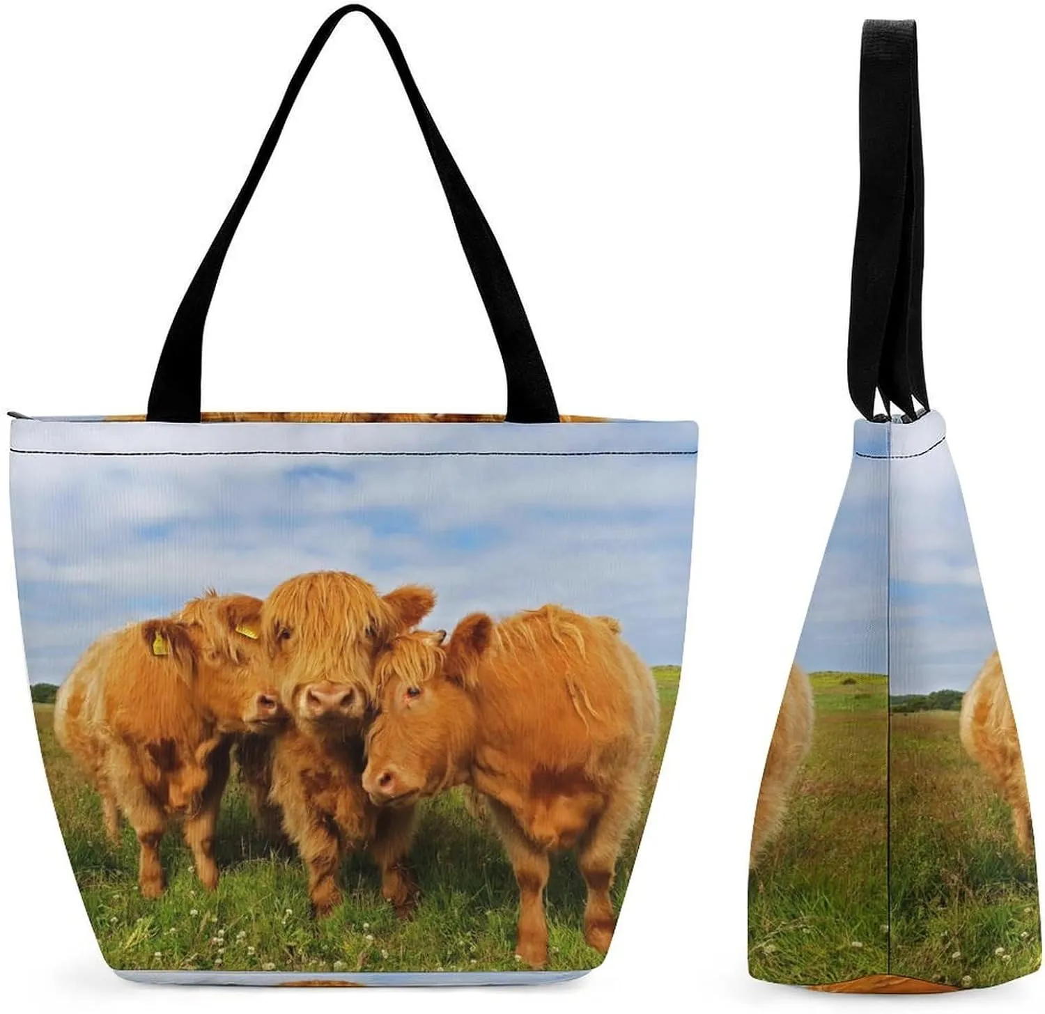 MoBlinko Highland Cow Calf Tote Bag for Women Reusable Handbags Shoulder Bags with Zipper for Yoga Grocery Gifts