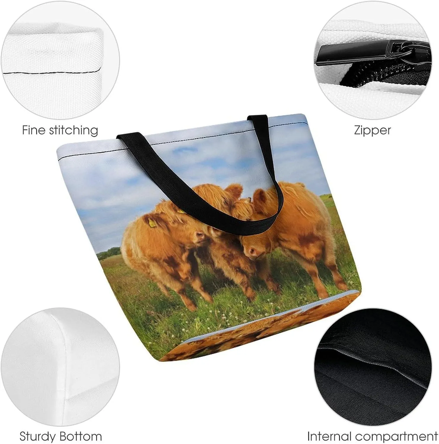 MoBlinko Highland Cow Calf Tote Bag for Women Reusable Handbags Shoulder Bags with Zipper for Yoga Grocery Gifts