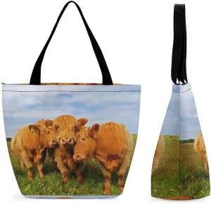 MoBlinko Highland Cow Calf Tote Bag for Women Reusable Handbags Shoulder Bags with Zipper for Yoga Grocery Gifts