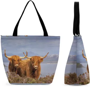 MoBlinko Lying Highland Cow Tote Bag for Women Reusable Handbags Shoulder Bags with Zipper for Yoga Grocery Gifts